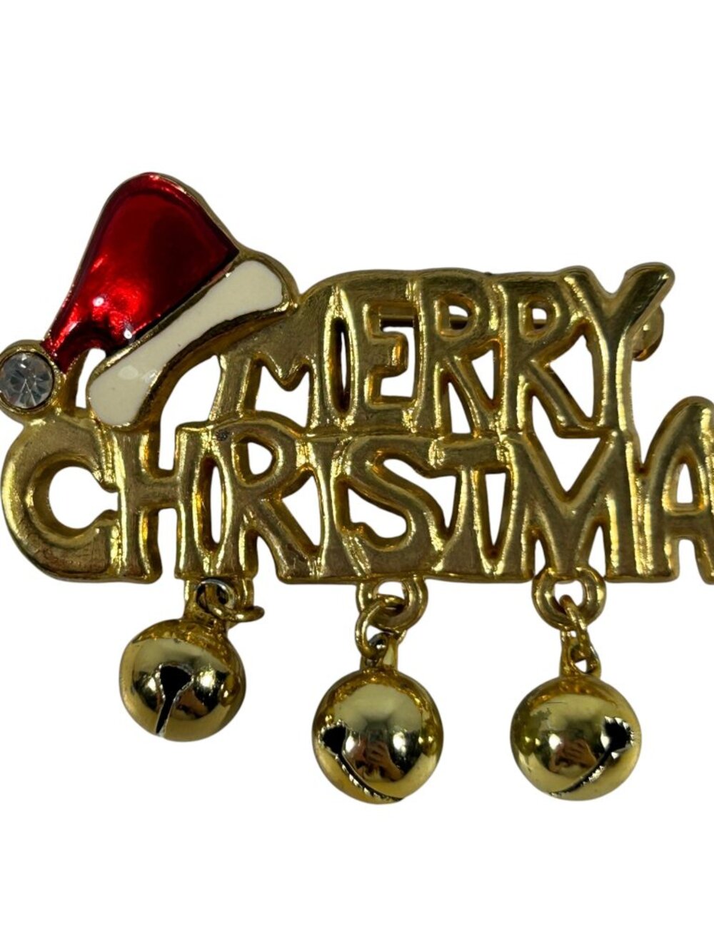 Merry Christmas Brooch Gold Tone Santa Hat Rhinestone 3 Jingle Bells Pin